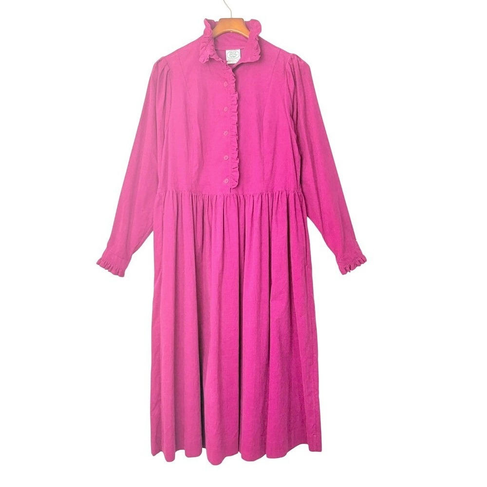 1970s Vintage Deadstock Laura Ashley Fuchsia Corduroy Ruffle Dress US 14 NWT